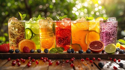 Cold and refreshing seven glasses filled with delicious cocktails topped with fresh mint leaves served with some cherries and citrus fruit placed on wooden table