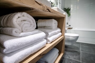 Hotel Bathroom: Clean White Towels and Amenities. Neatly folded and stacked white towels on a shelf in a modern hotel bathroom. Includes a soap dispenser and a tumbler. 