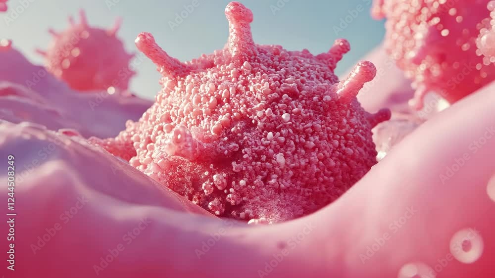 Poster detailed view of pink microorganisms in a cellular environment showcasing intricate structures and t
