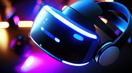 Virtual reality headset illuminated by neon lights in a modern gaming environment
