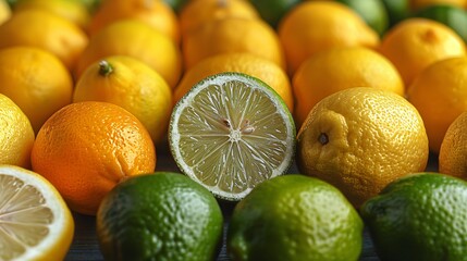 A perfect closeup of fresh yellow lemons placed in between some green citrus fruit 