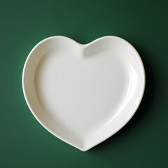 A plate that is white in shape of a heart, has an oblique angle and a green background.