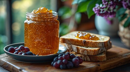 Top view of a wooden table full of a jar filled with apple jam served with bread slices and some sweet blueberries