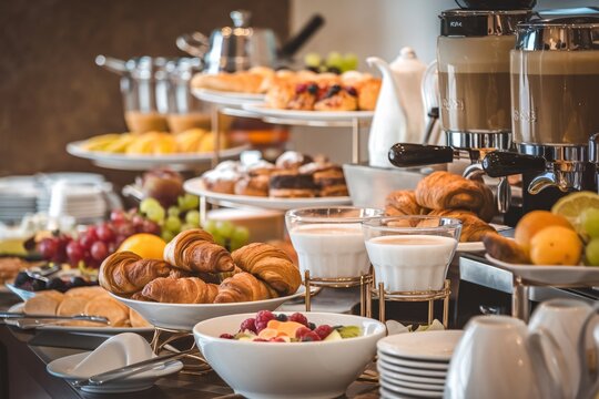 Breakfast Buffet at Hotel. A lavish breakfast buffet featuring pastries, fruits, yogurt, and coffee. Perfect for illustrating hotel stays, travel, or culinary experiences.