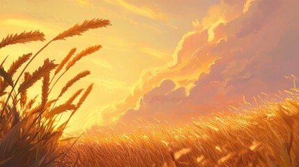 Golden sunset over a wheat field with tall grass swaying gently in the warm breeze