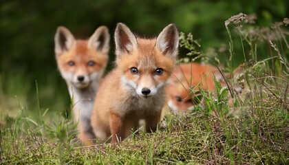 Obraz premium Vibrant and Inquisitive Baby Red Fox Exploring a Winter Wonderland Forest, FrostKissed Branches and Snowy Mounds Captured in the Soft Glow of Twilight.