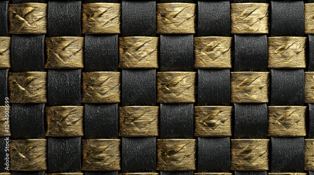 Poster textured woven pattern featuring gold and black interlacing rectangular elements creating a modern d