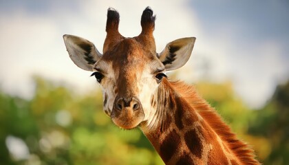 Fototapeta premium Astonishing Moment Enigmatic Giraffe Gazes Intensely from Wildlife Sanctuary, Surrounded by the Vibrant African Savannah, Capturing an Unforgettable Connection between Man and Nature.