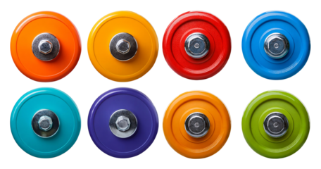 Colorful circular weights arranged in a grid on a dark background, isolated on transparent background