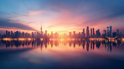 Fototapeta premium A breathtaking city skyline at sunset, reflecting in the calm waters below. The vibrant colors of dusk create a stunning backdrop for modern architecture.