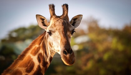 Fototapeta premium Enigmatic Gaze of a Curious Giraffe Amidst the Wilderness of a Wildlife Sanctuary, Showcasing the Serene Beauty of Natures Majesty