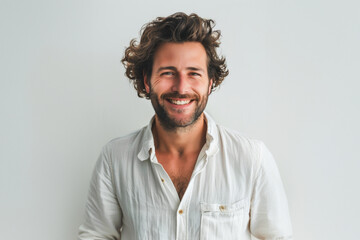 Obraz premium Caucasian adult man in his 20s to 40s in simple, professional clothing stand confidently against a white gray backdrop, radiating a relaxed and approachable vibe