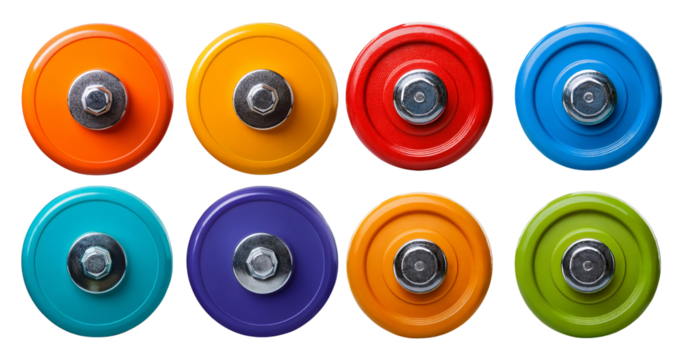 Colorful circular weights arranged in a grid on a dark background, isolated on transparent background