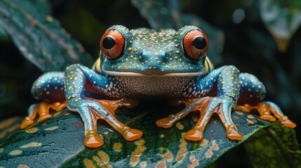 A perfect closeup of a beautiful blue colored frog sitting on a fresh green leaf