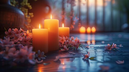 The beautiful glow of candles with pink flowers showcasing a decorated room in blur background