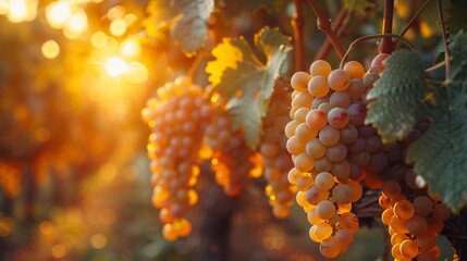 A beautiful sunlight view of a garden full of fresh rip grapes hues standing on a tree