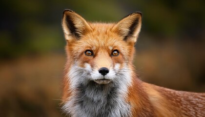 Fototapeta premium Enigmatic Encounter A Curious Red Fox Peers Intently at the Lens in a Serene Forest Clearing, Surrounded by Autumnal Hues and Dappled Sunlight.