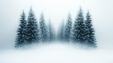 Fototapeta premium Snowy forest path, winter fog, serene landscape, nature background, postcard