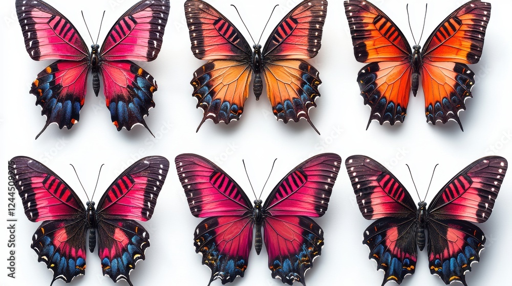 Poster a collection of colorful butterflies displayed in a symmetrical arrangement.