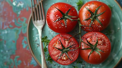 A perfect top view of ceramic plate with four tomatoes and a metal fork over it on painted surface