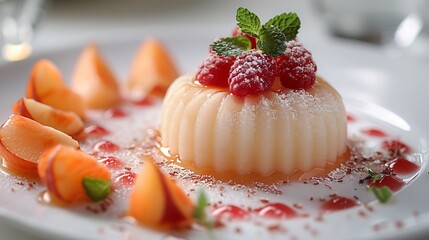 Delicious sweet vanilla pudding topped with fresh raspberries served with slices of peach placed on white plate in blur background
