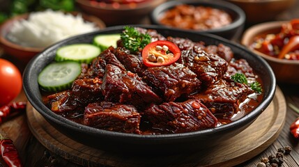 Delicious roasted beef served with cucumber and tomatoes in a bowl placed on wooden board