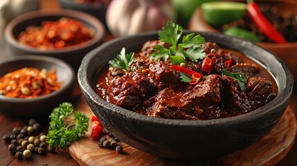 A beautiful black bowl full of cooked meat gravy topped with fresh green parsley served with some spices placed on wooden board