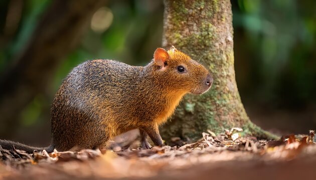 Adorable Agouti Dasyprocta azarae in a Lush Nature Wildlife Park Furry Cutia Rodent Basking under Sunlight with Brown Hues and Natural Textures