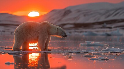 A perfect shot of a bear standing near a beach full of mountains in front of a sunset view