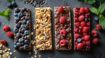 Top view of four granola bars made with natural oats and nuts topped with fresh berries placed on dark surface