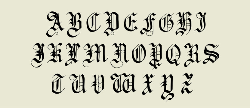 Gothic alphabet. Medieval handwritten typeface in old style made with calligraphy pen. Traditional font for authentic projects engraved on paper