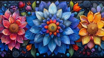 A perfect top view of a portrait of beautiful multi colored flowers petals showcasing an art style