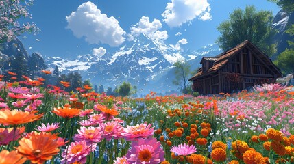 Beautiful landscape of a garden full of fresh multi colored flowers and a house near it showcasing a cloudy sky behind