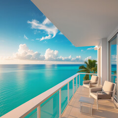 Terrasse Moderne sur l’Océan avec Mobilier de Luxe et Vue sur une Eau Cristalline