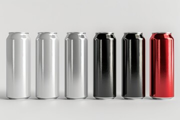 Set of 3D aluminum slim cans in silver, white, black, and red, arranged on a white background, perfect for beer can mockup templates