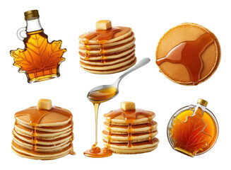 Stack of pancakes with butter and maple syrup Maple leaf-shaped bottles spoon are present