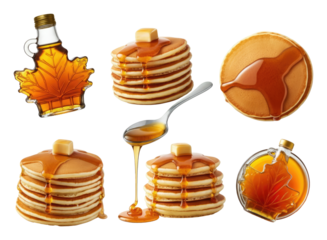 Stack of pancakes with butter and maple syrup Maple leaf-shaped bottles spoon are present