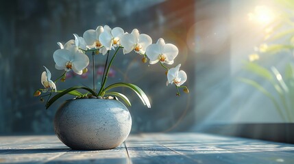 A beautiful small white colored vase full of white flowers placed in front of a window showcasing sunlight effect 