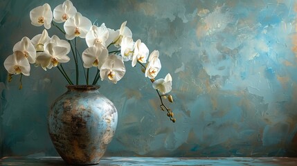 Beautiful hand painted blue and grey vase full of luxury white orchid flowers placed in front of painted wall