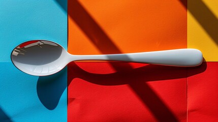 Top view of a solitary white spoon on red blue and yellow background