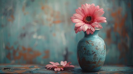 A beautiful small vase with pink color flower on it placed on a painted surface
