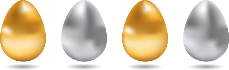 Gold and silver chicken eggs. Realistic Easter eggs for your designs. Mesh gradient. EPS 10