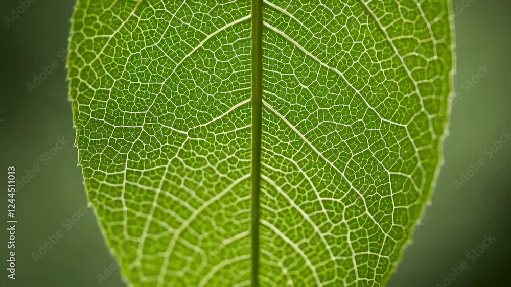 Aufkleber delicate green leaf glowing with luminous backlight, revealing intricate vein network and organic te