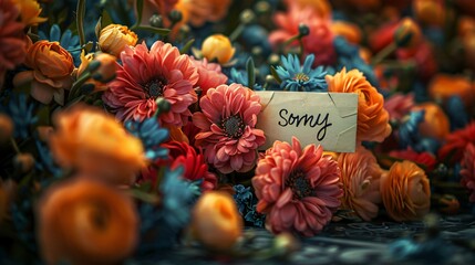 Beautiful multi colored flowers with a small sticky note on it showcasing a concept of bouquet