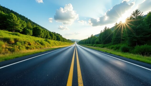 Dark asphalt highway, clear road markings, daytime , journey, lines