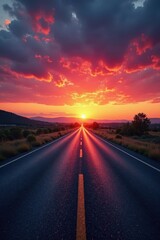 Naklejka premium Dark grey asphalt contrasts vibrant sunset sky, pattern, travel