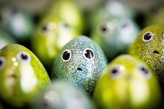 A group of brightly colored eggs features playful, surprised expressions, conveying a lighthearted atmosphere in a festive setting