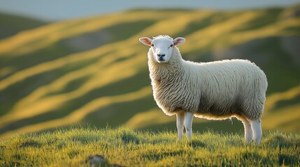 a solitary sheep standing at the base of a rolling green grassy hill