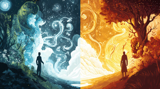 A parallel universe where magic reigns supreme, with wizards and sorcerers harnessing the elements to shape reality itself. illustration. Parallel Universe & Alternate History. Illustration