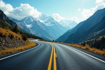 Empty asphalt road curves through majestic mountains , range, highway